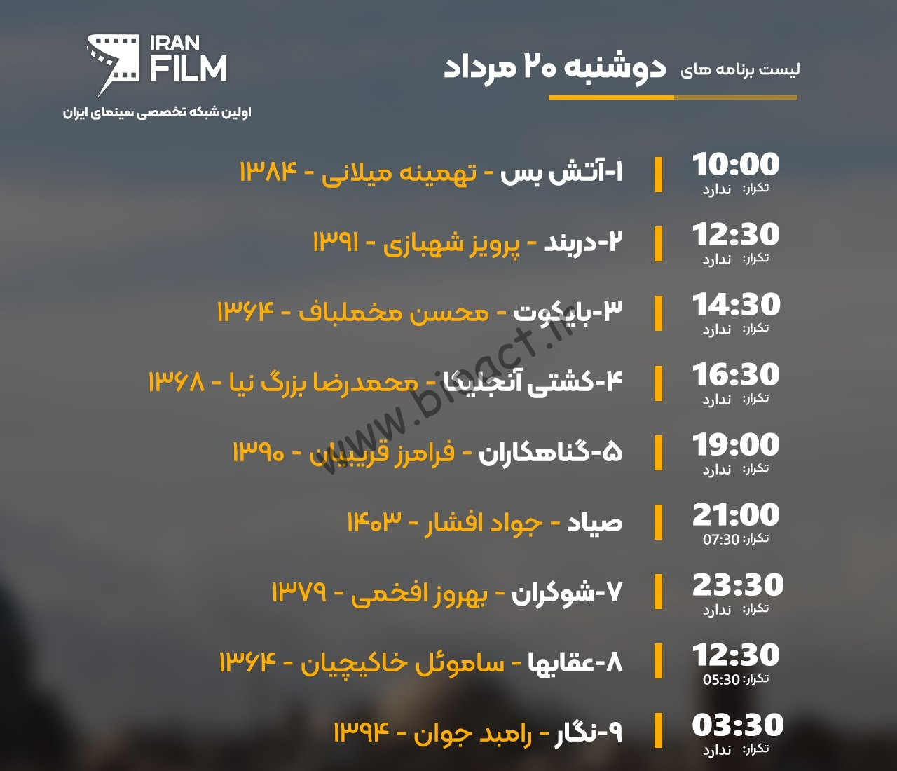 جدول پخش شبکه FX2 - FX1 ، ایران نما و ایران فیلم【امروز】+ فرکانس