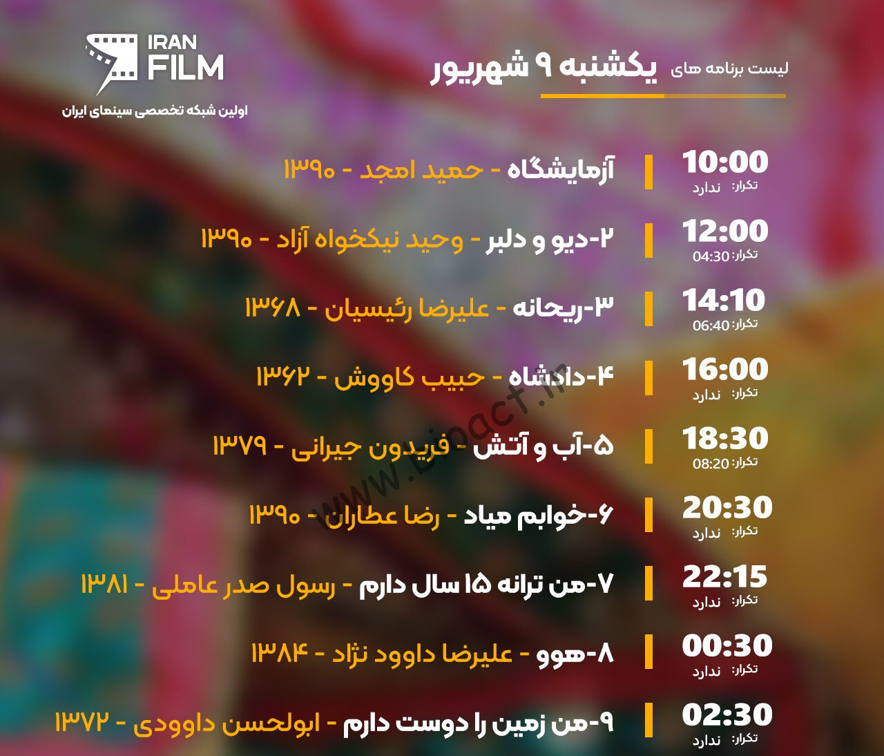 زمان پخش روزانه فیلم های شبکه ایران فیلم