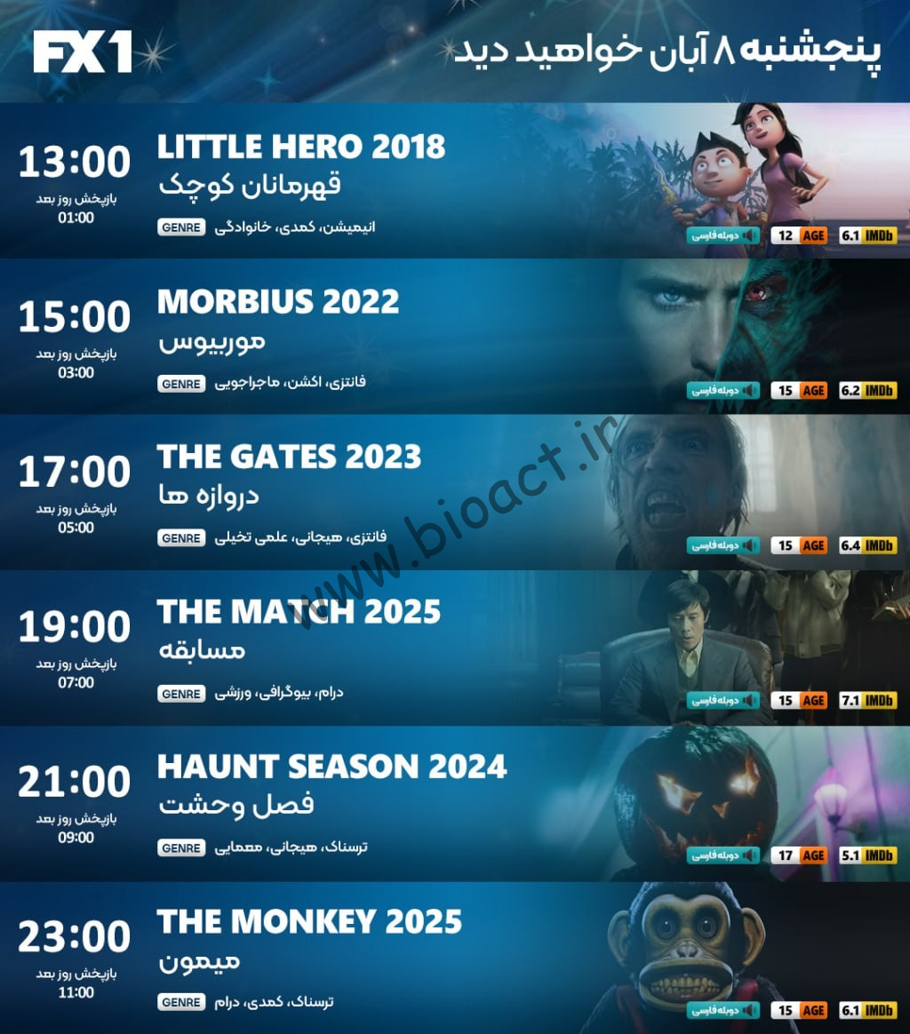جدول پخش شبکه FX2 - FX1 ، ایران نما و ایران فیلم【امروز】+ فرکانس