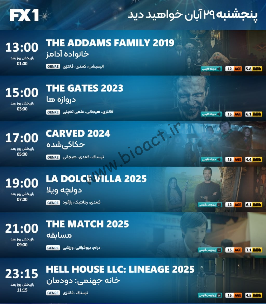جدول پخش شبکه FX2 - FX1 ، ایران نما و ایران فیلم【امروز】+ فرکانس