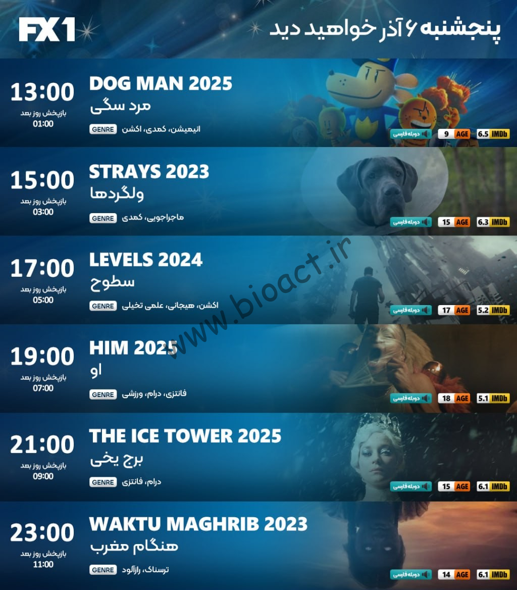 جدول پخش شبکه FX2 - FX1 ، ایران نما و ایران فیلم【امروز】+ فرکانس
