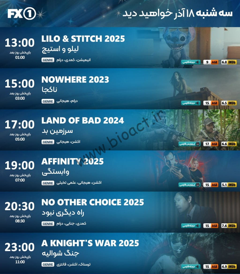 جدول پخش شبکه FX2 - FX1 ، ایران نما و ایران فیلم【امروز】+ فرکانس