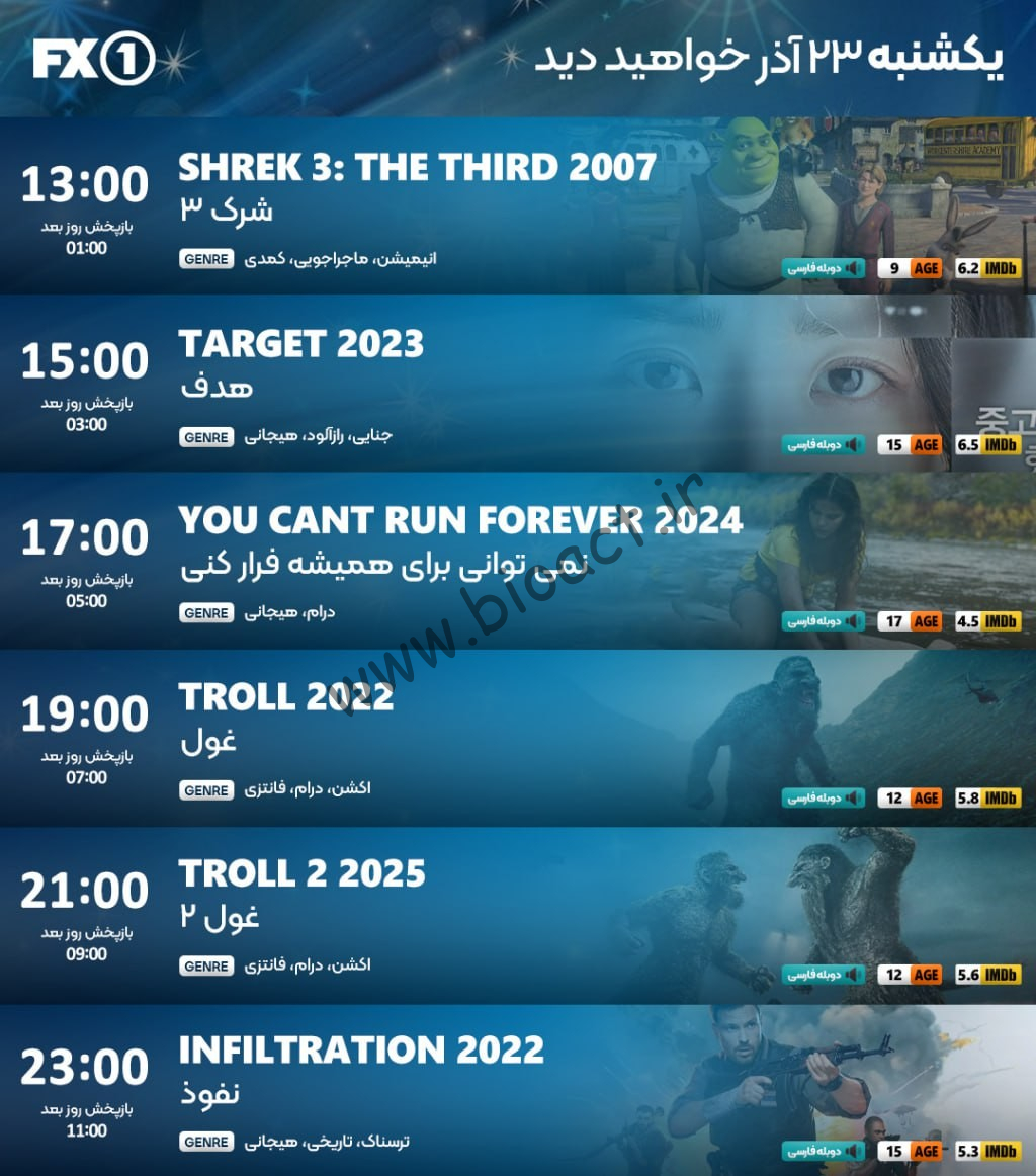 جدول پخش شبکه FX2 - FX1 ، ایران نما و ایران فیلم【امروز】+ فرکانس
