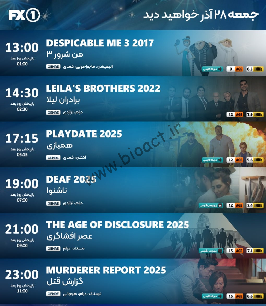 جدول پخش شبکه FX2 - FX1 ، ایران نما و ایران فیلم【امروز】+ فرکانس