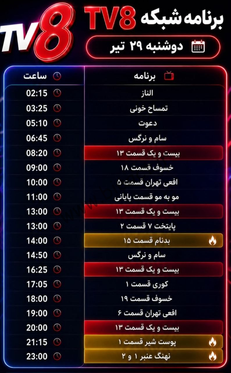جدول پخش شبکه tv8 فارسی – تی وی هشت【امروز】+ فرکانس