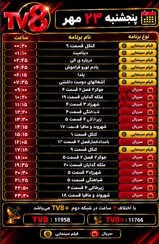 جدول پخش شبکه tv8 فارسی – تی وی هشت【امروز】+ فرکانس
