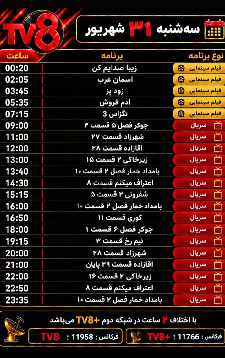 جدول پخش شبکه tv8 فارسی – تی وی هشت【امروز】+ فرکانس